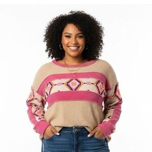 Waffle Knit Top Womans XL Aztec Print Tan Pink Long Sleeve Casual Pullover Boho